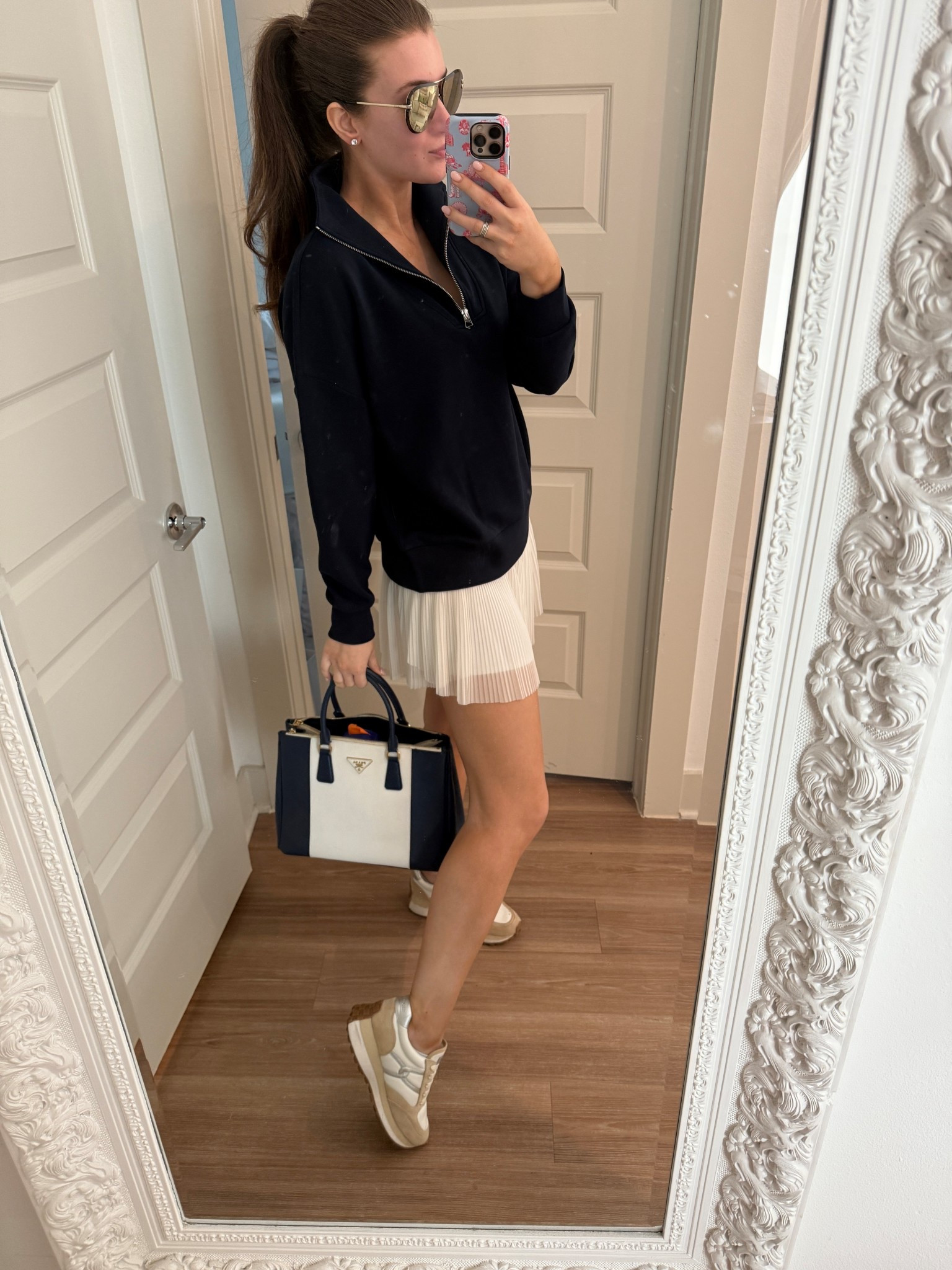 an OG Varley girl! My favorite and go to athleisure since 2022… I love it because it’s comfortable, easy, and an instant elevated look. Paired my Navy double soft pullover with a white tennis skirt. 