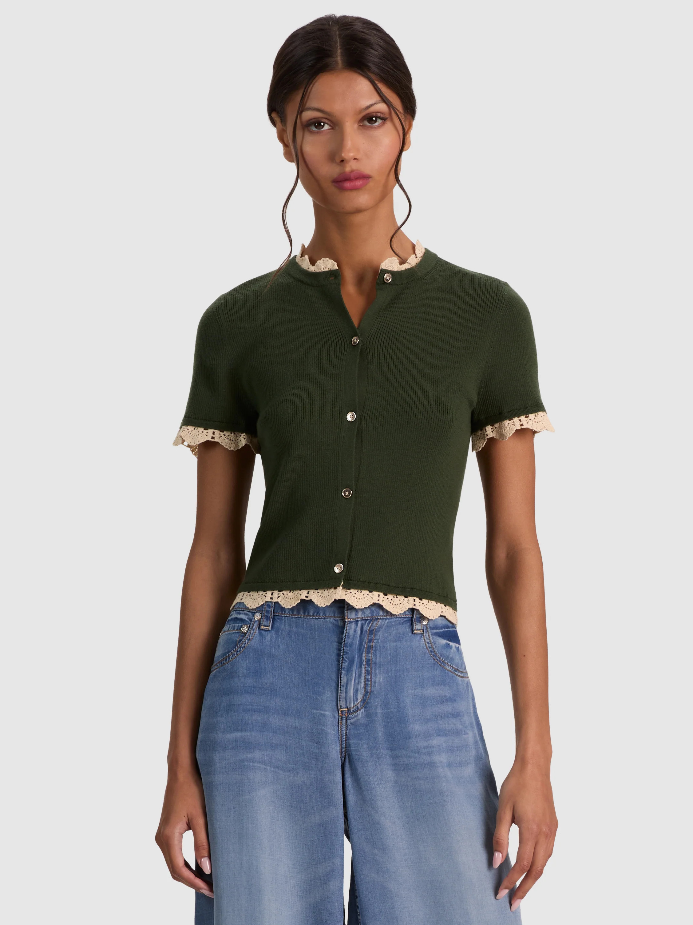 CIARA LACE TRIM CARDIGAN - DARK FERN/NATURAL | Alice + Olivia