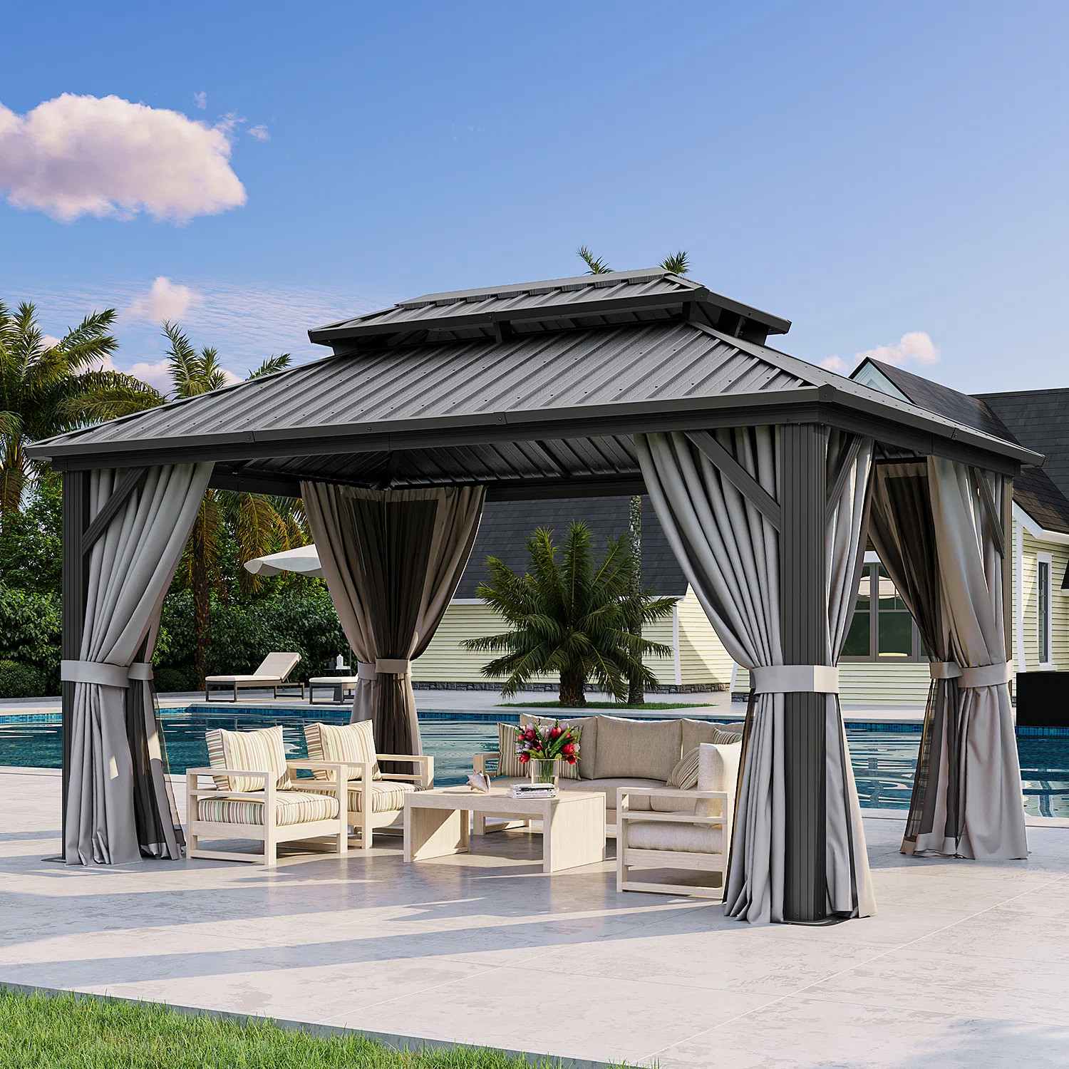 Aluminum Permanent Patio Gazebo with Double Roof | Wayfair North America