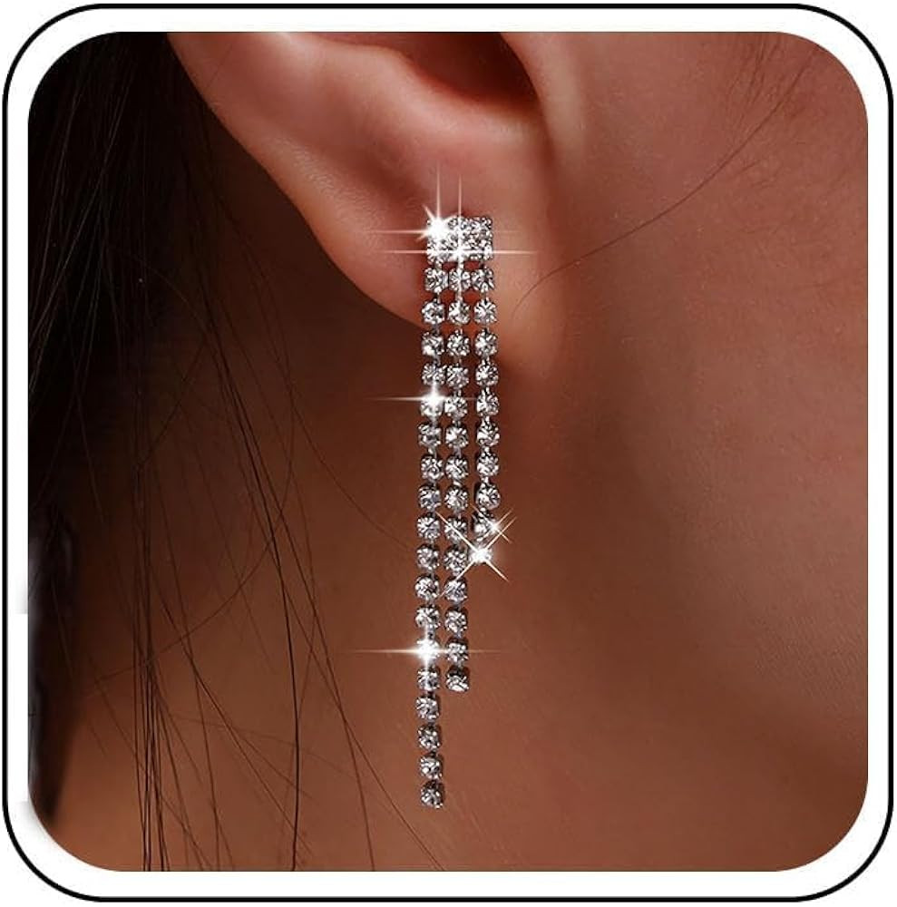 Vintage Crystal Chandeliers Earrings Silver Tennis Chain Earrings Long Rhinestone Chain Dangle Ea... | Amazon (US)