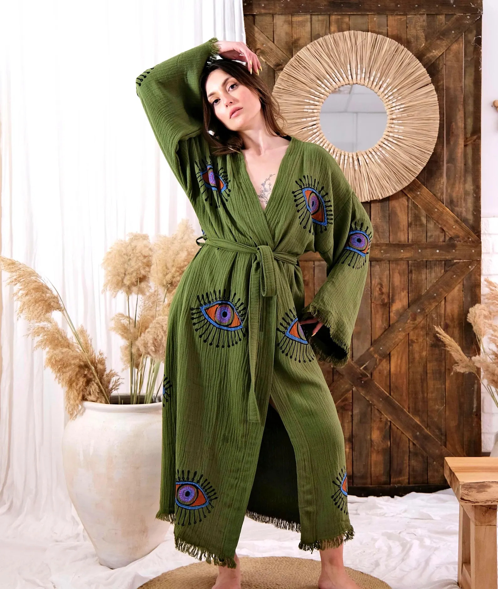 Handmade Evil Eye Muslin Kimono, Turkish Cotton Dressing Gown, Soft Kimono Robe | Etsy (US)