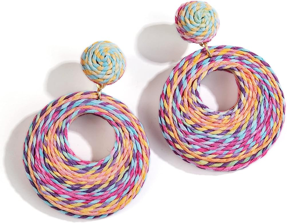 Statement Raffia Circle Earrings, Boho Rattan Earrings for Women - Handwoven Straw Round Earrings | Amazon (US)