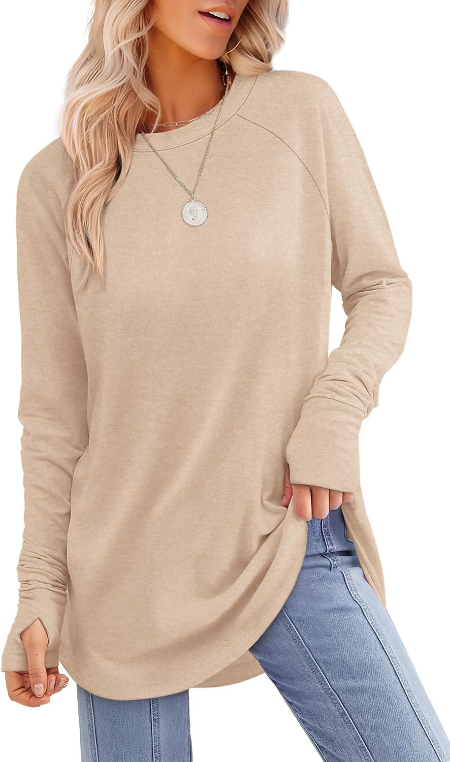 XIEERDUO Womens Tunic Tops to Wear with Leggings Long Sleeve Thumb Hole Shirts Crew Neck Curved Hem | Amazon (US)