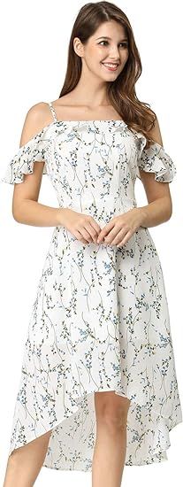 Allegra K Women's Spaghatti Straps Ruffled Sleeves Asymmetrical High Low Floral A-Line Midi Dress | Amazon (US)