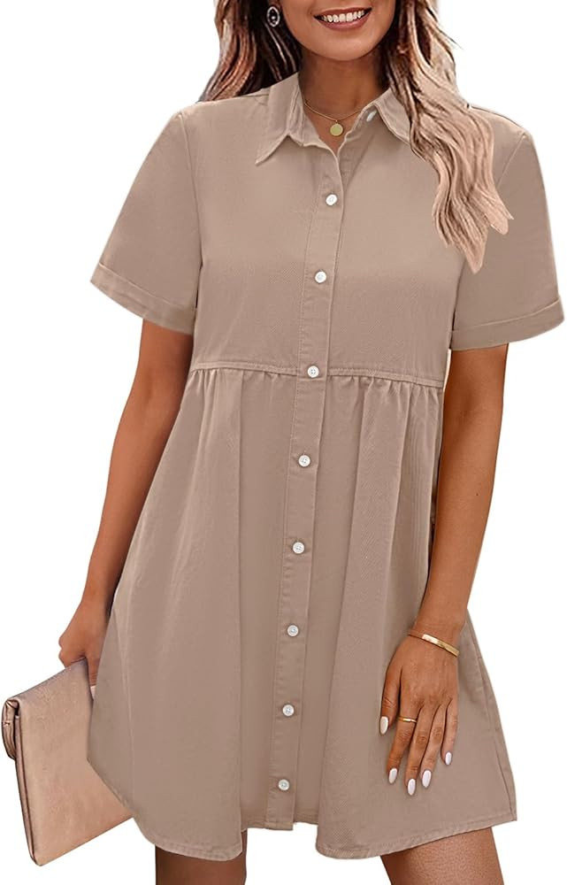 GRAPENT Denim Dress for Women Babydoll Tiered Short Sleeve Button Down Jean Shirt Dresses | Amazon (US)