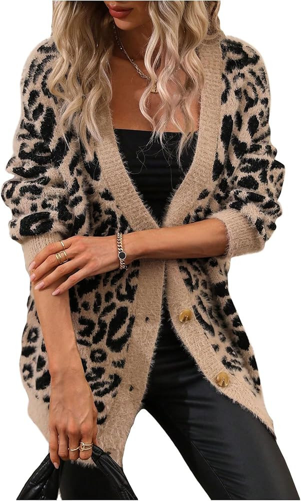SOLY HUX Women's Leopard Print Cardigan Sweaters Button Down V Neck Long Sleeve Fuzzy Cardigans | Amazon (US)