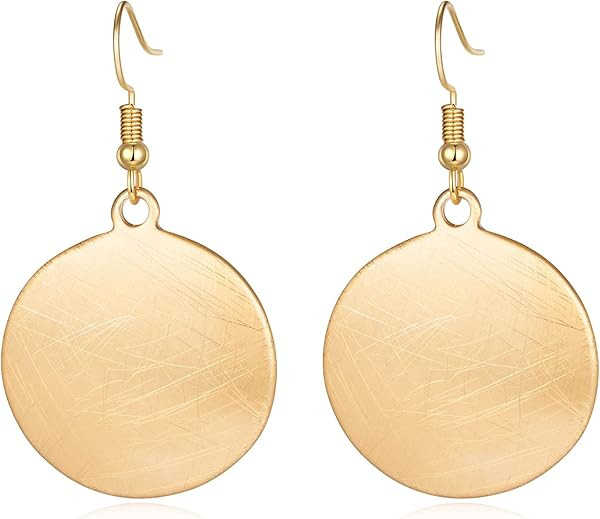 HONGYE Brushed Gold Silver Rose Gold Colored Round Disc Shaped Drop Earring Hook Earring | Amazon (US)