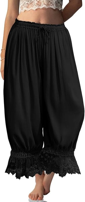 TARSE Womens Linen Lace Trim Long Bloomers Pants with Pocket | Amazon (US)