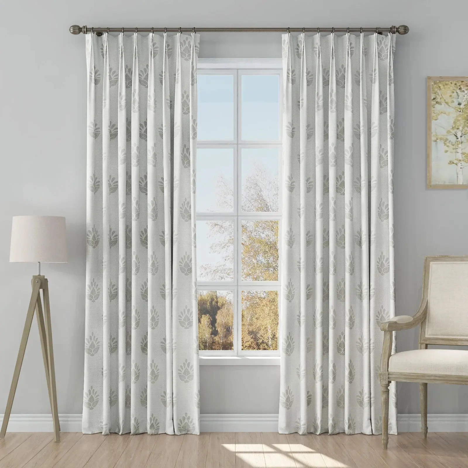 Stefana Silber Print Linen Blend Curtain Drapery Pleated - Large Block Print Fog L118 | TWOPAGES