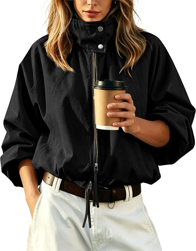 Womens Bomber Jacket Puffed Collar Trench Coat Funnel Neck Cropped Jackets | Amazon (US)