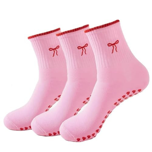 NNCEVM 3 Pairs Cute Pilates Socks with Grips for Women Non Slip Yoga Socks Grippy Crew Socks Embroidery Pattern for Workout Ballet (Pink Bow) | Amazon (US)