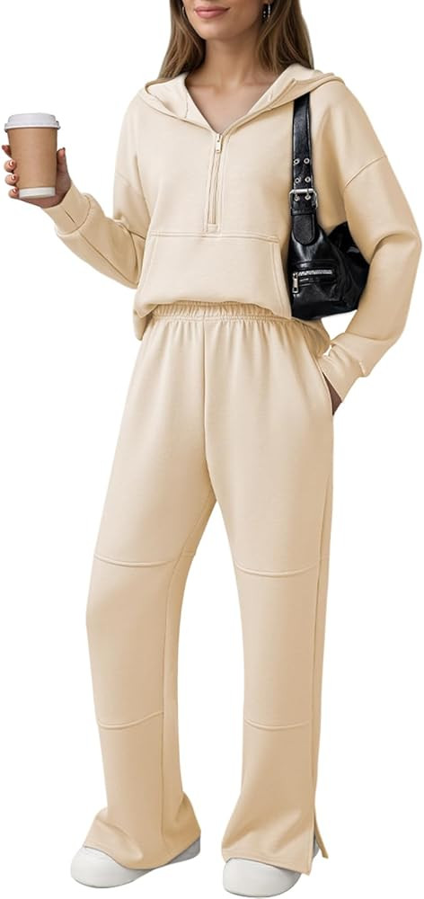 Pink Queen Women's 2 Piece Lounge Sets Half Zip Hooded Sweatshirt and Wide Leg Sweatpants Sweatsu... | Amazon (US)