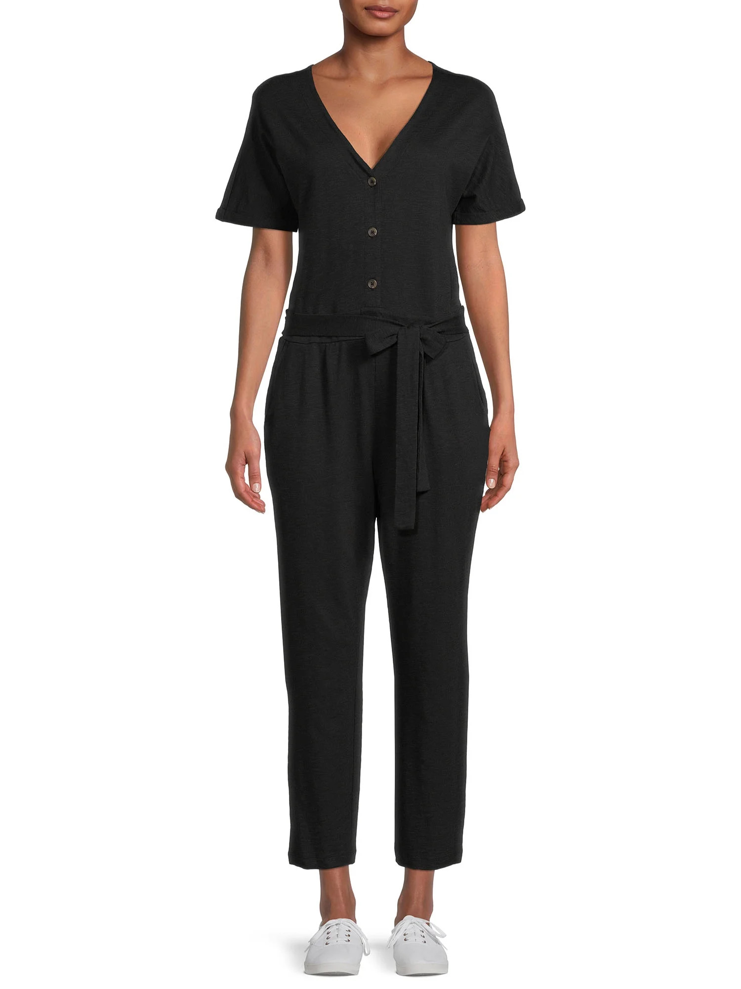 Time and Tru Women's Short Sleeve Knit Jumpsuit with Belt | Walmart (US)