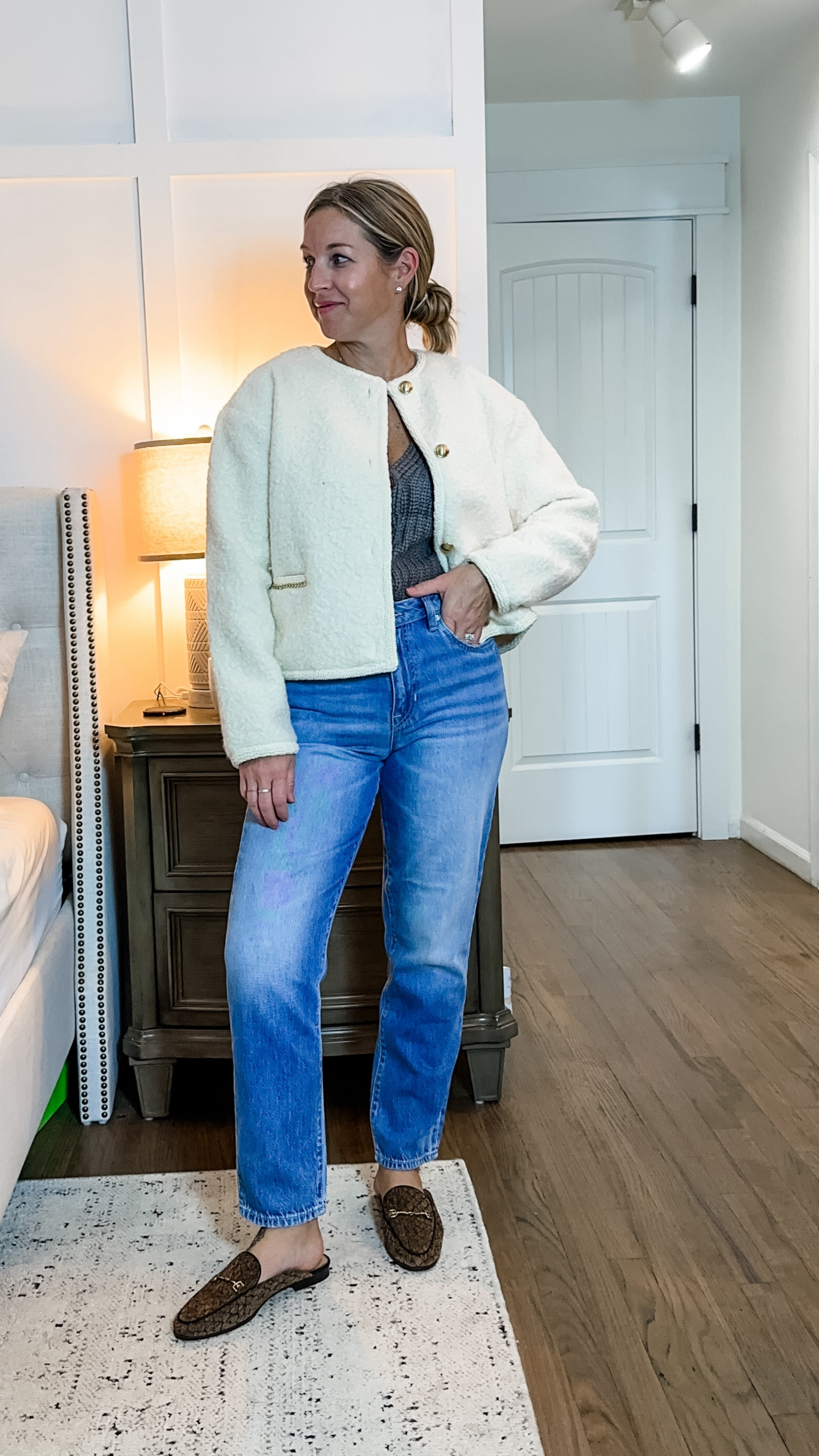 Unfortunately the pattern of my mules is out of stock but these are the most comfortable shoes ever. I’m trading in my Gucci for these!! I like the fit better! Linked the exact shoe; just not the pattern. 29 jeans. Large vest but the armholes are a little low. Small jacket 

 #LTKFindsUnder100 #LTKOver40 #LTKMidsize