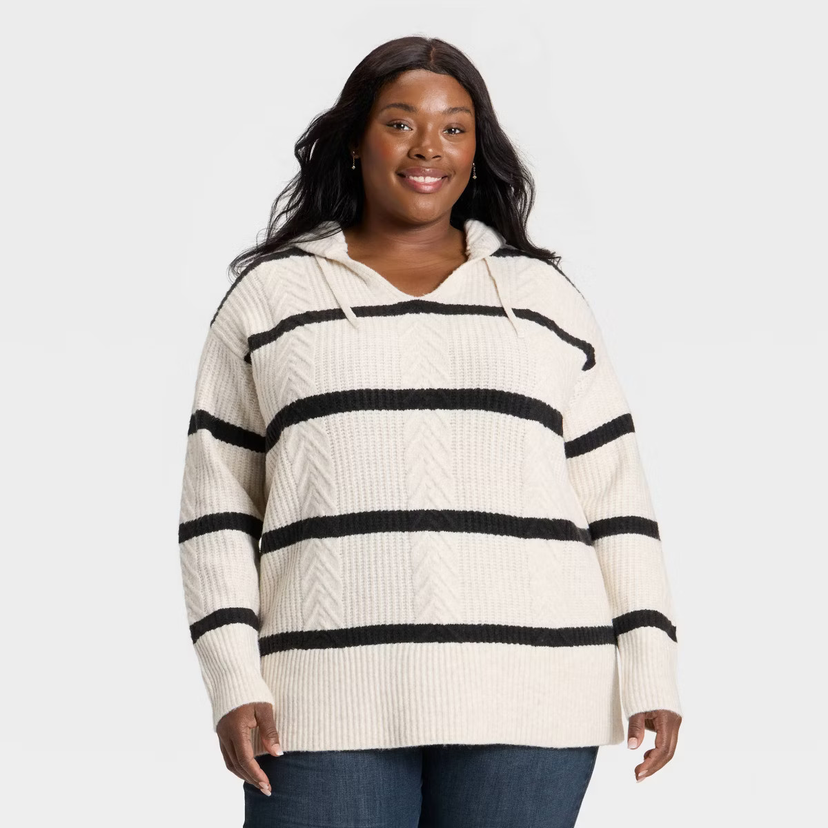 Women's Cozy Cable Hooded Tunic Sweater - Ava & Viv™ Cream Striped 4X | Target