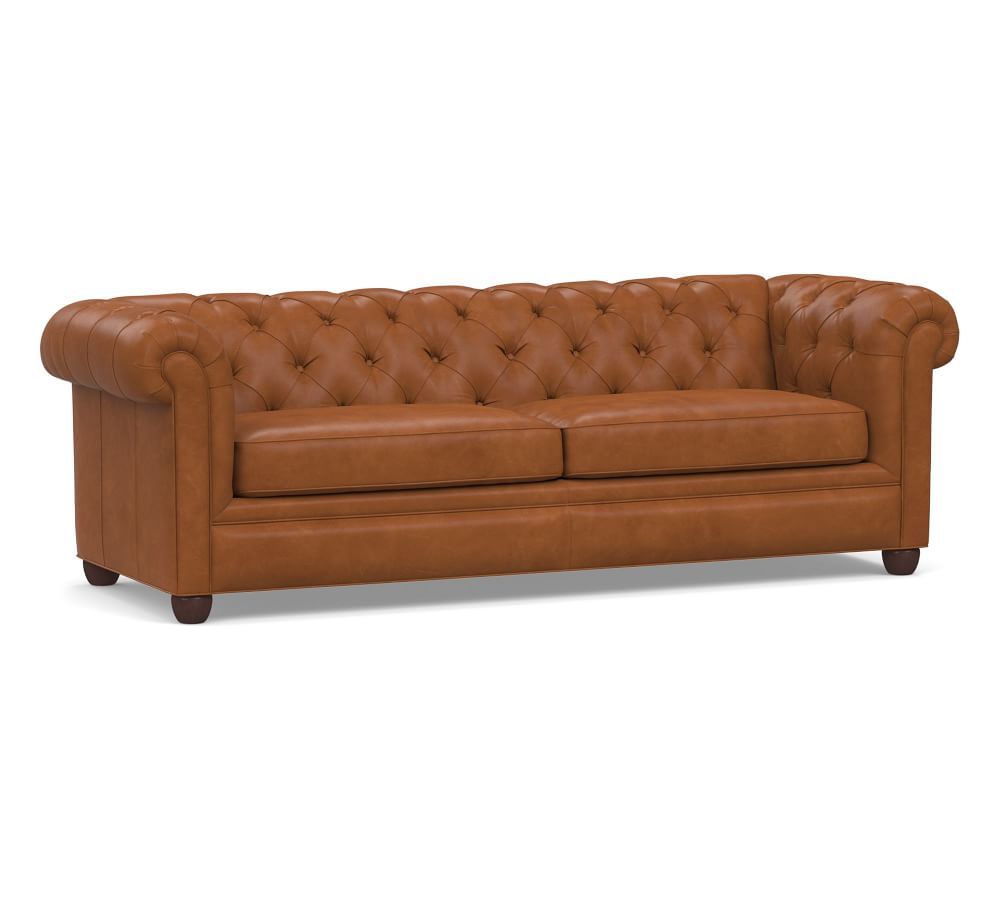 Chesterfield Roll Arm Leather Grand Sofa 96", Polyester Wrapped Cushions, Burnished Bourbon | Pottery Barn (US)