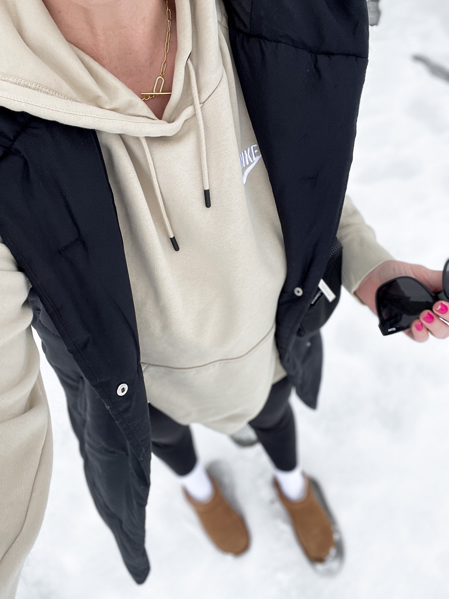 Daily outfit, snow day outfit, Ugg ultra minis, black leggings, Nike hoodie, puffer vest

#LTKunder50 #LTKstyletip #LTKshoecrush