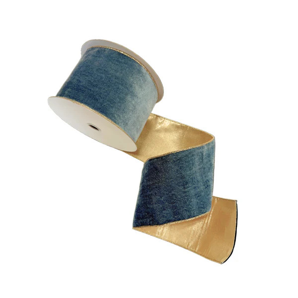 Peacock Blue Velvet Ribbon with Gold Back | Fig and Dove