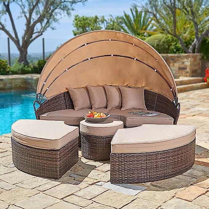 SUNCROWN Outdoor Patio Round Daybed with Retractable Canopy, Brown Wicker Furniture Clamshell Sec... | Amazon (US)