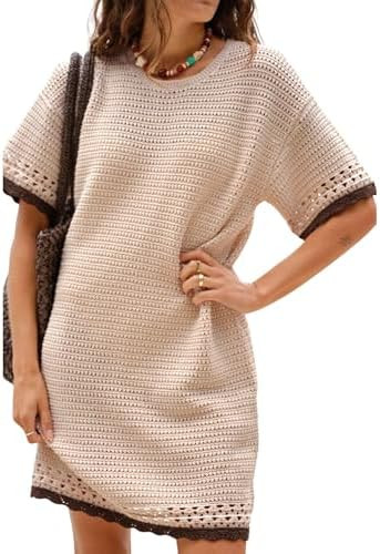 Huaqiao Women Short Sleeve Crochet Knit Dress Color Block Crew Neck Mini Dress Pullover Beach Swi... | Amazon (US)