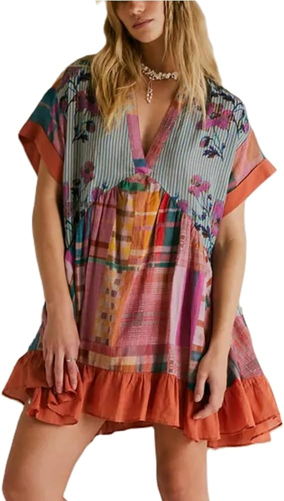 Women Boho Summer Dresses Y2K Babydoll Flowy Dress Ruffle Mini Dress Deep V-Neck Casual Floral Su... | Amazon (US)