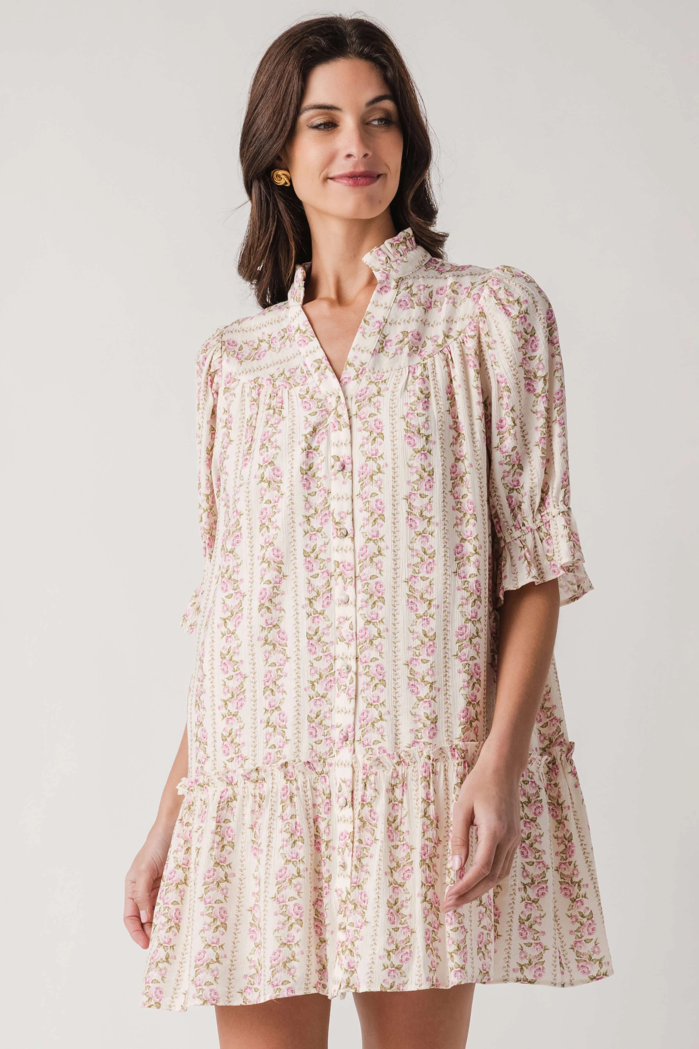Fate Floral Print High Ruffled Collar Button Down Dress | Social Threads