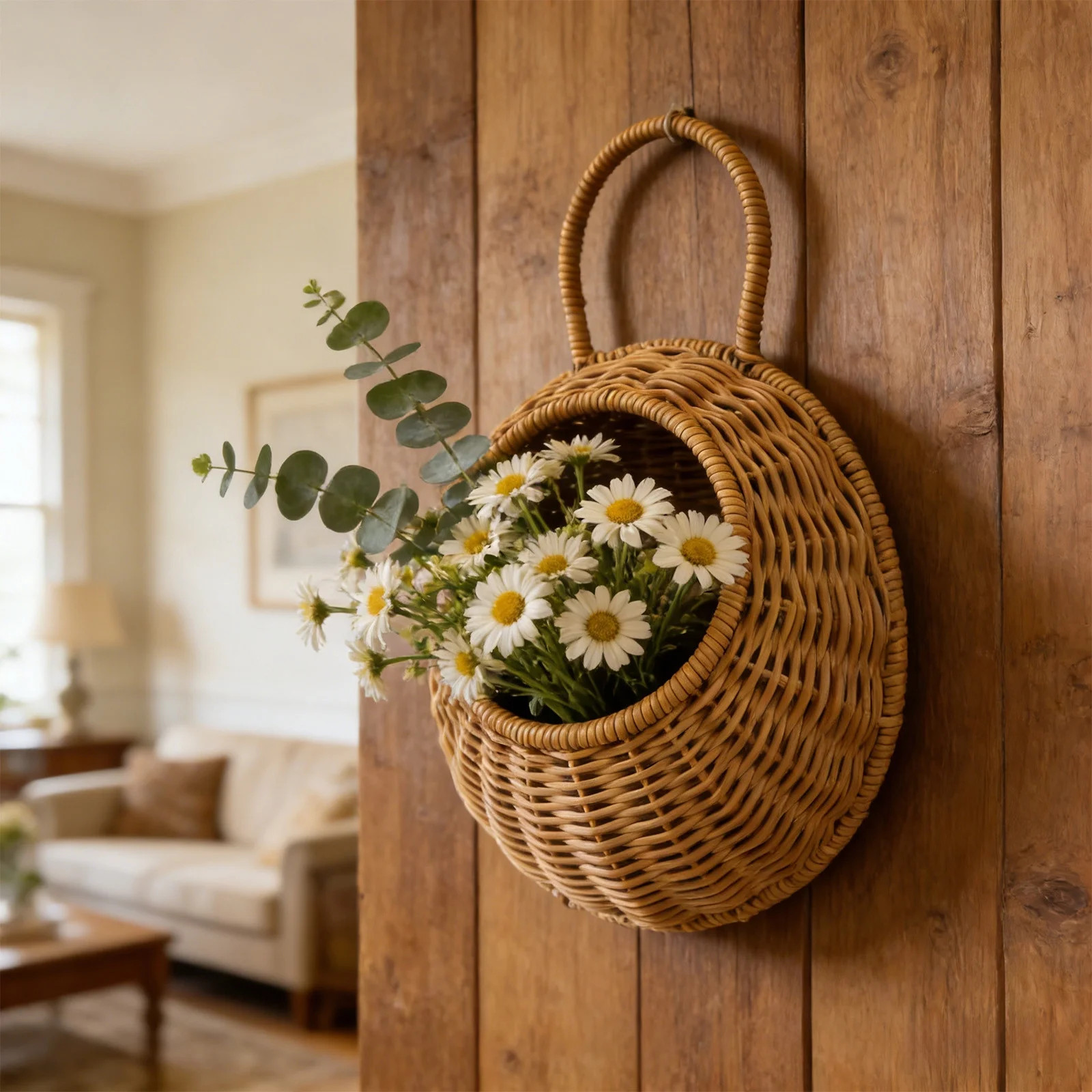 Cadancy Woven Wall Hanging Basket Half Round Rattan Planter with Handle Farmhouse Wall Decor Storage Organizer for Kitchen Living Room Indoor Plants Flowers Home Decoration Gift - Walmart.com | Walmart (US)