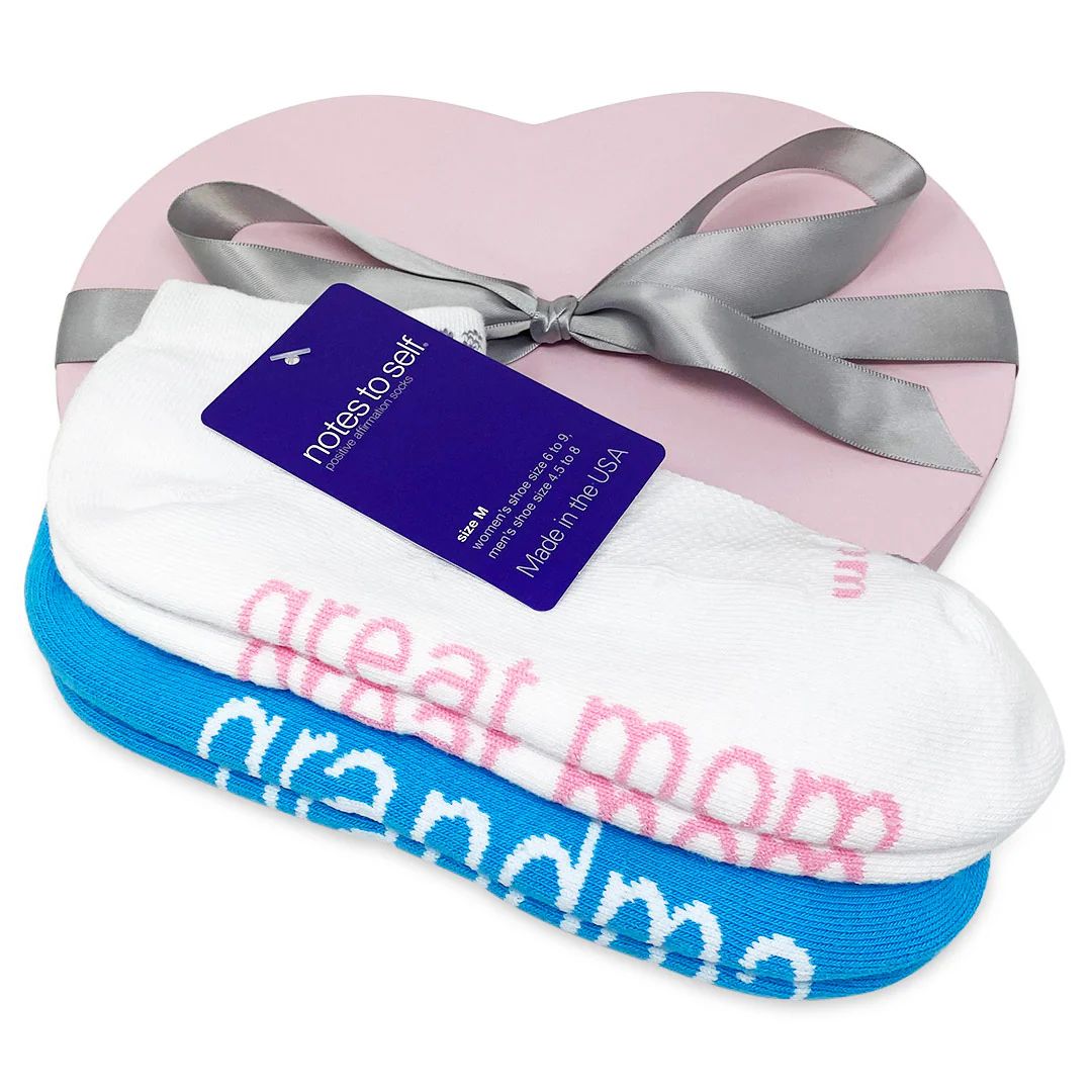 I love grandma® + I am a great mom™ socks in pink heart box | notes to self
