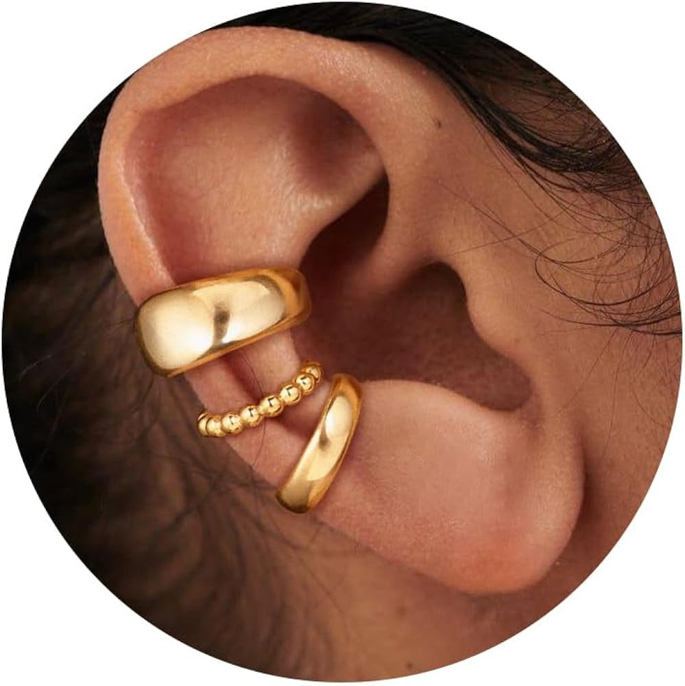 Moodear 3Pcs Chunky/Thin Ear Cuffs Non Piercing for Women - Dainty 14K Gold Plated Cuff Earring T... | Amazon (US)