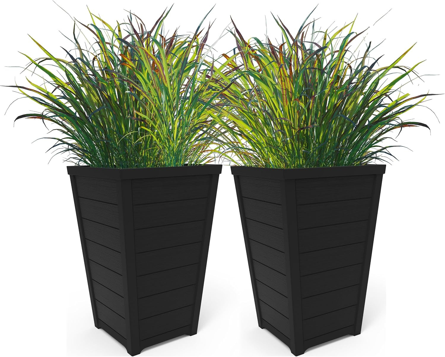 Keter Set of 2 Resin Modern Outdoor 22 Inch Tall Large Flower Pots, Tapered Wood Look Planters for Outdoor Plants and Front Porch Decor, Graphite | Amazon (US)