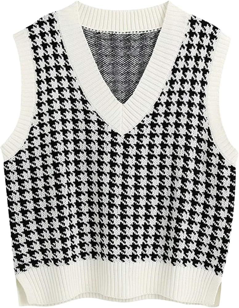 Women Streetwear Preppy Style Knitwear Tank Top V Neck Argyle Plaid Knitted Sweater Vest | Amazon (US)