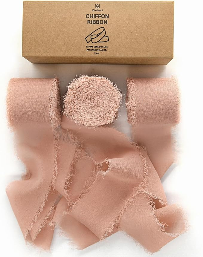 Vitalizart Rose Gold Handmade Chiffon Silk Ribbon Fringe 3 Rolls 1.5" x 21 Yd Frayed Edges Ribbon... | Amazon (US)