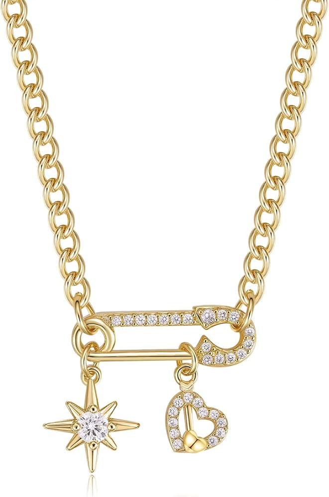 Paperclip Pendant Necklace for Women 14K Gold Plated Paperclip Necklaces Cubic Zirconia Sun/Cross... | Amazon (US)