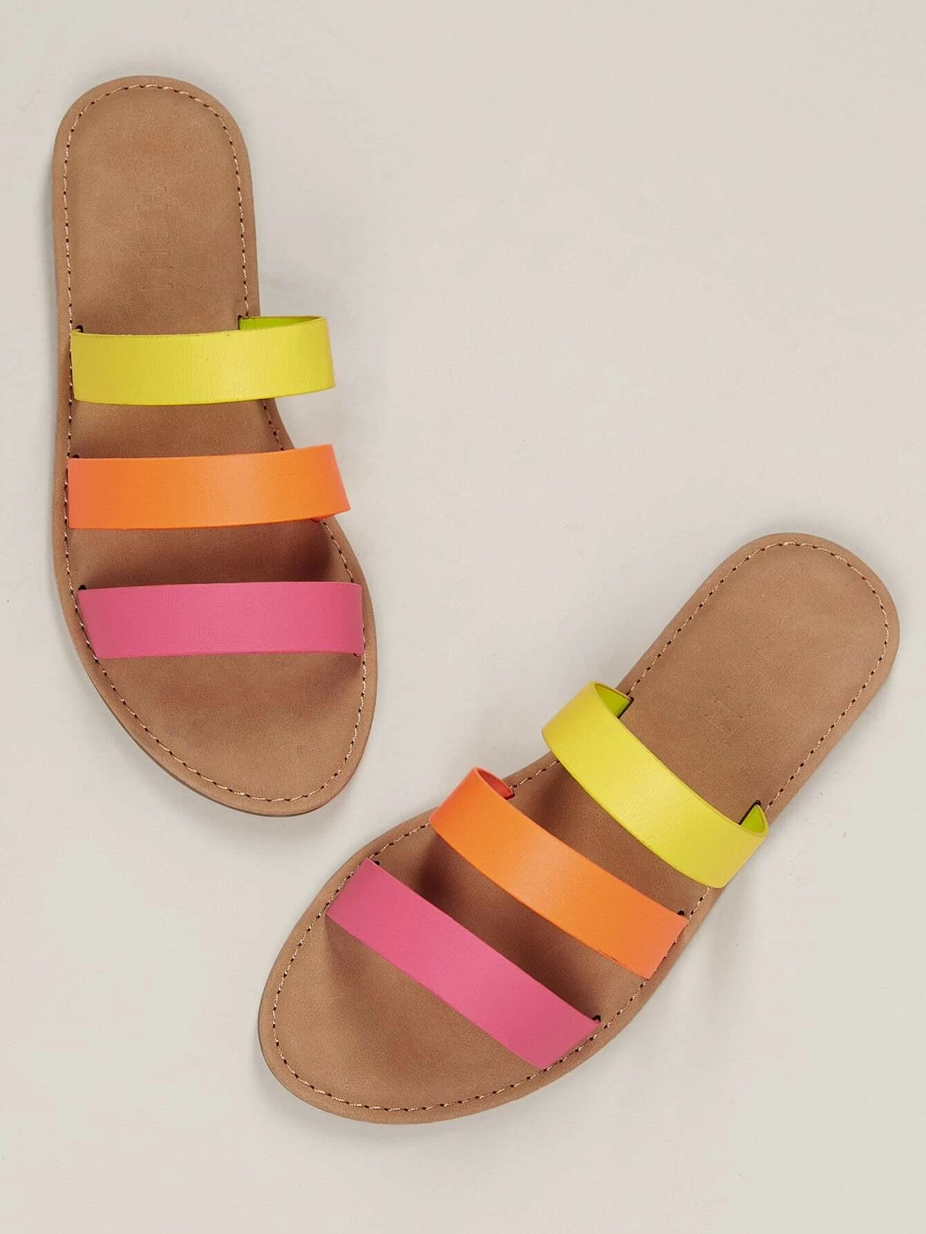Neon Triple Straps Flat Slide Sandals | SHEIN
