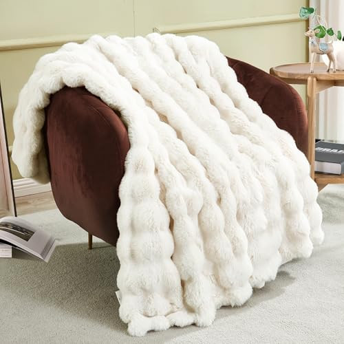 JONIYEAR Soft Fuzzy Bubble Faux Rabbit Fur Throw Blanket for Couch Chair 50" x 60", Reversible Textured Thick Warm Fluffy Blanket for Winter, Luxury Cozy Puffy Shaggy Comfy Furry Blankets, Cream White | Amazon (US)