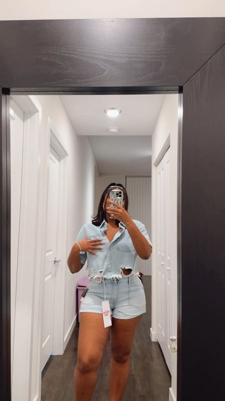I’m wearing a large in the top and a size 13 in the shorts. Denim outfit, spring outfit, denim shirt, denim shorts, distressed denim 

#LTKfindsunder50 #LTKstyletip #LTKmidsize
