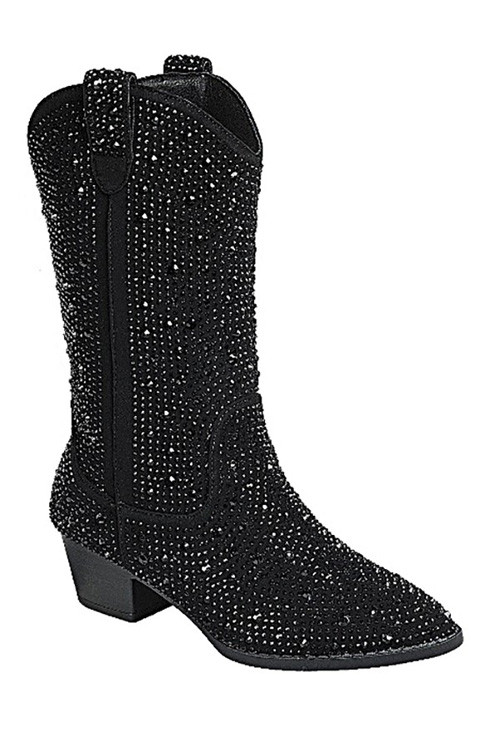 Tall Rhinestone Cowgirl Western Booties Cowboy Boots-Black | Fashion Junkee