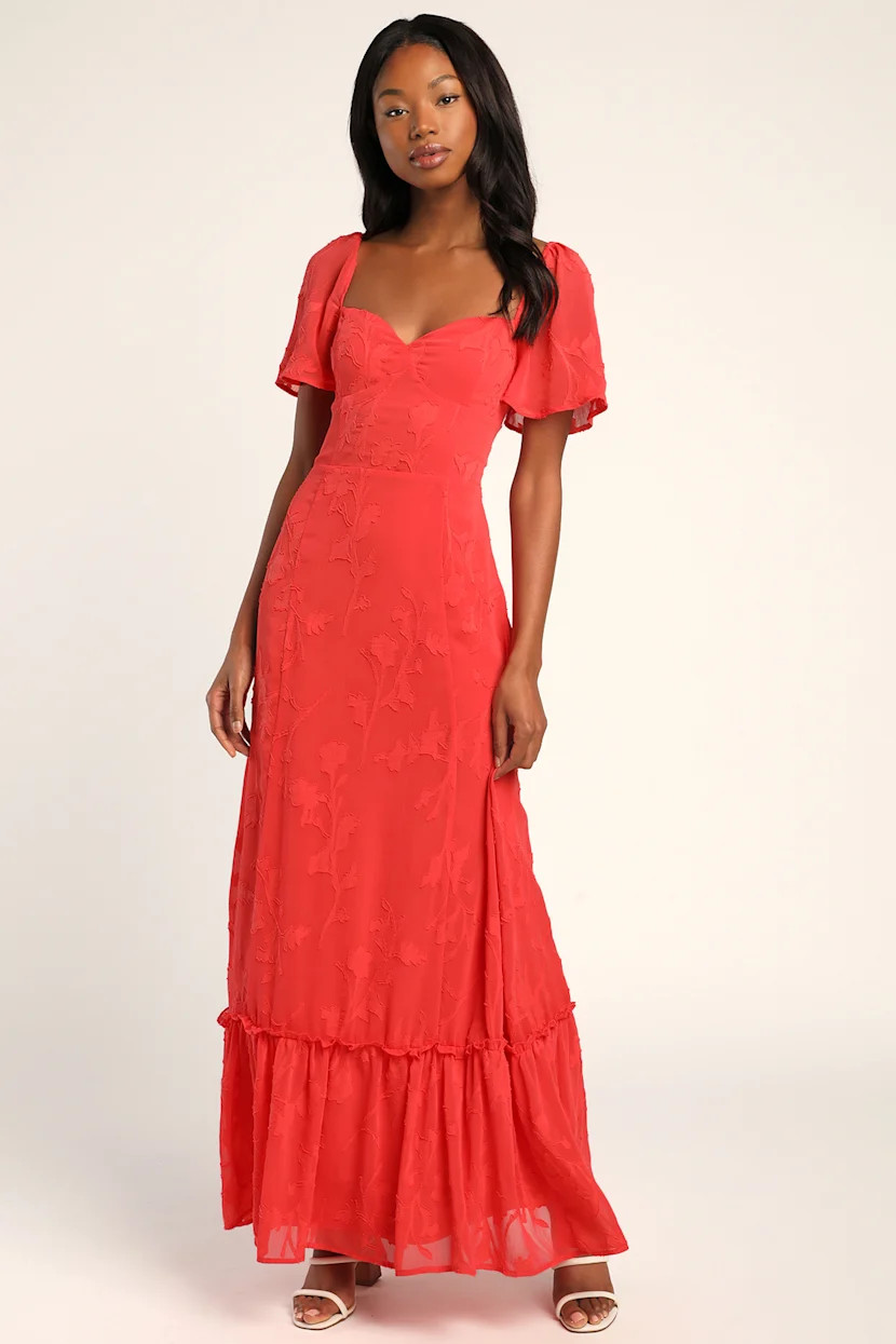 Tailor Made For You Coral Jacquard Lace-Up Maxi Dress | Lulus (US)