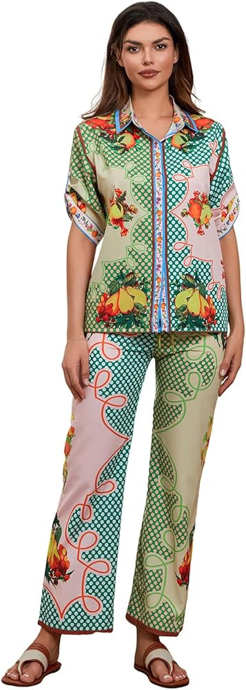 Women's Floral Printed Pajama Sets Summer Short Sleeve Wide Leg Long Pants Boho Linen Cool Chiffo... | Amazon (US)