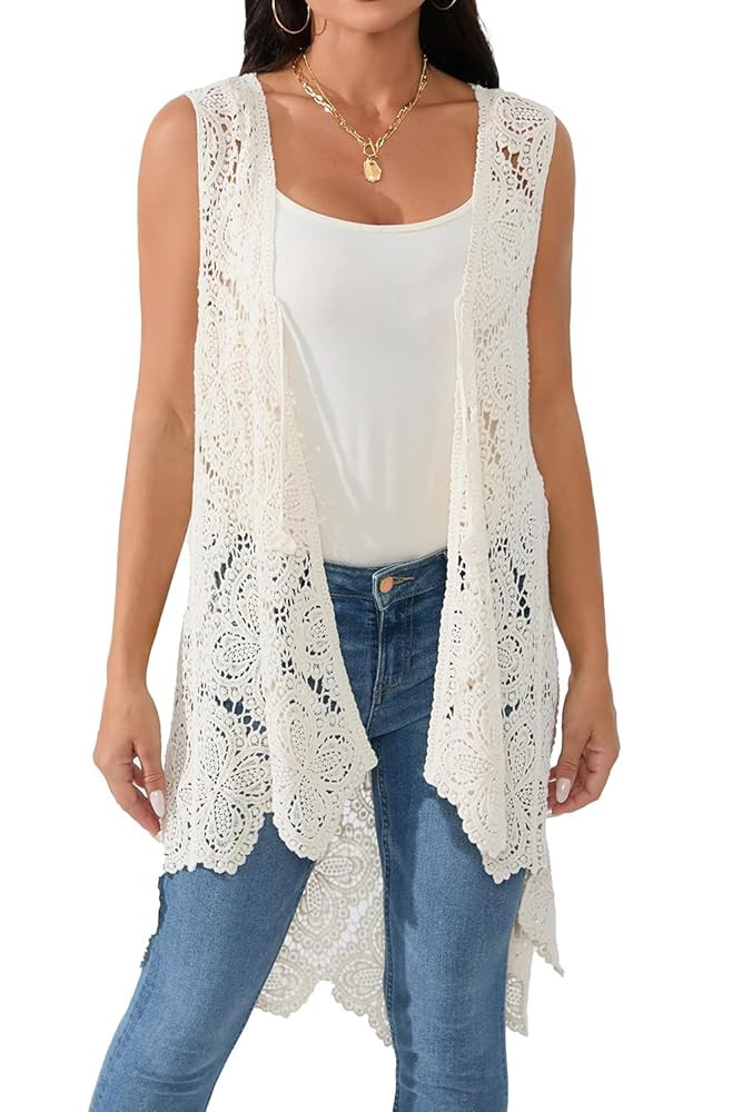 Women's Crochet Lace Vest Boho Sleeveless Kimono Irregular Hem Cardigan | Amazon (US)