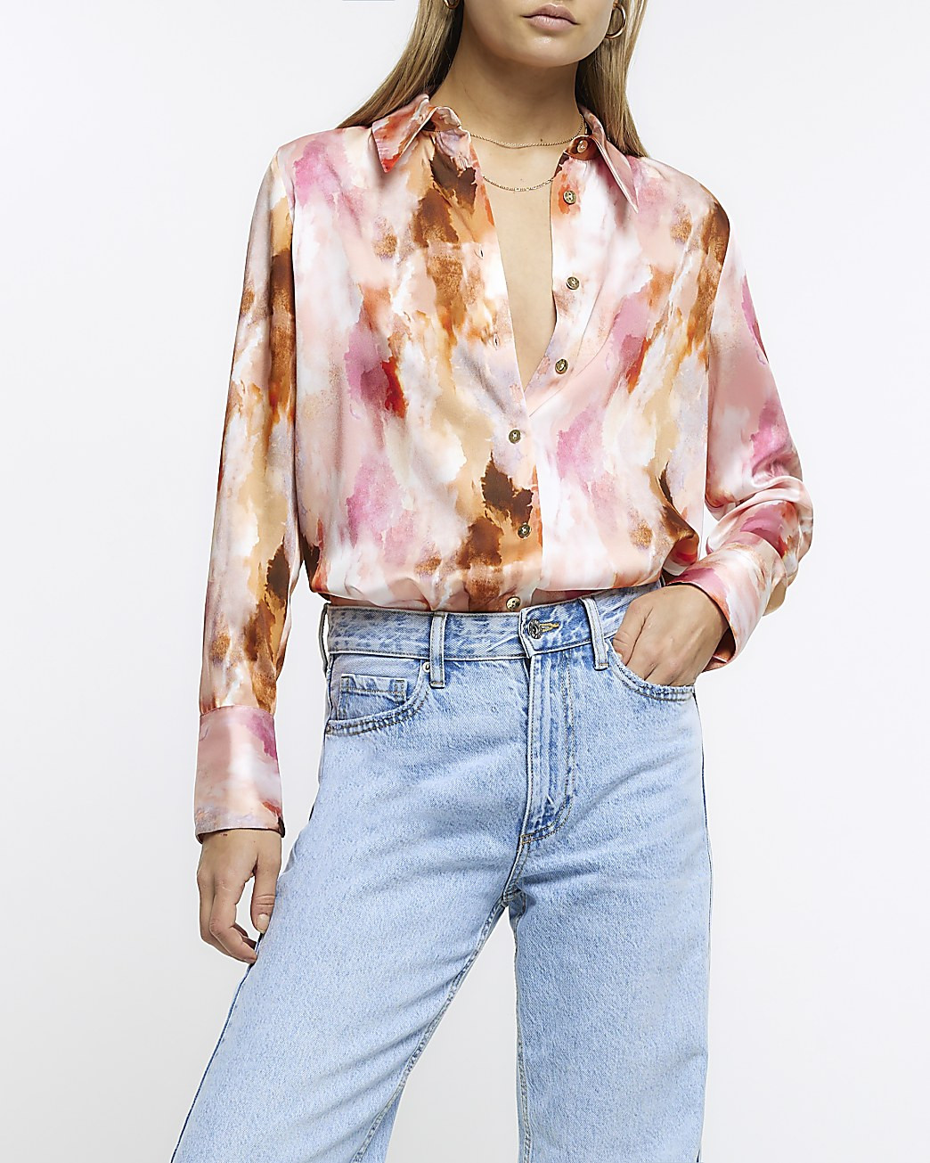 Pink satin abstract oversized shirt | River Island (UK & IE)
