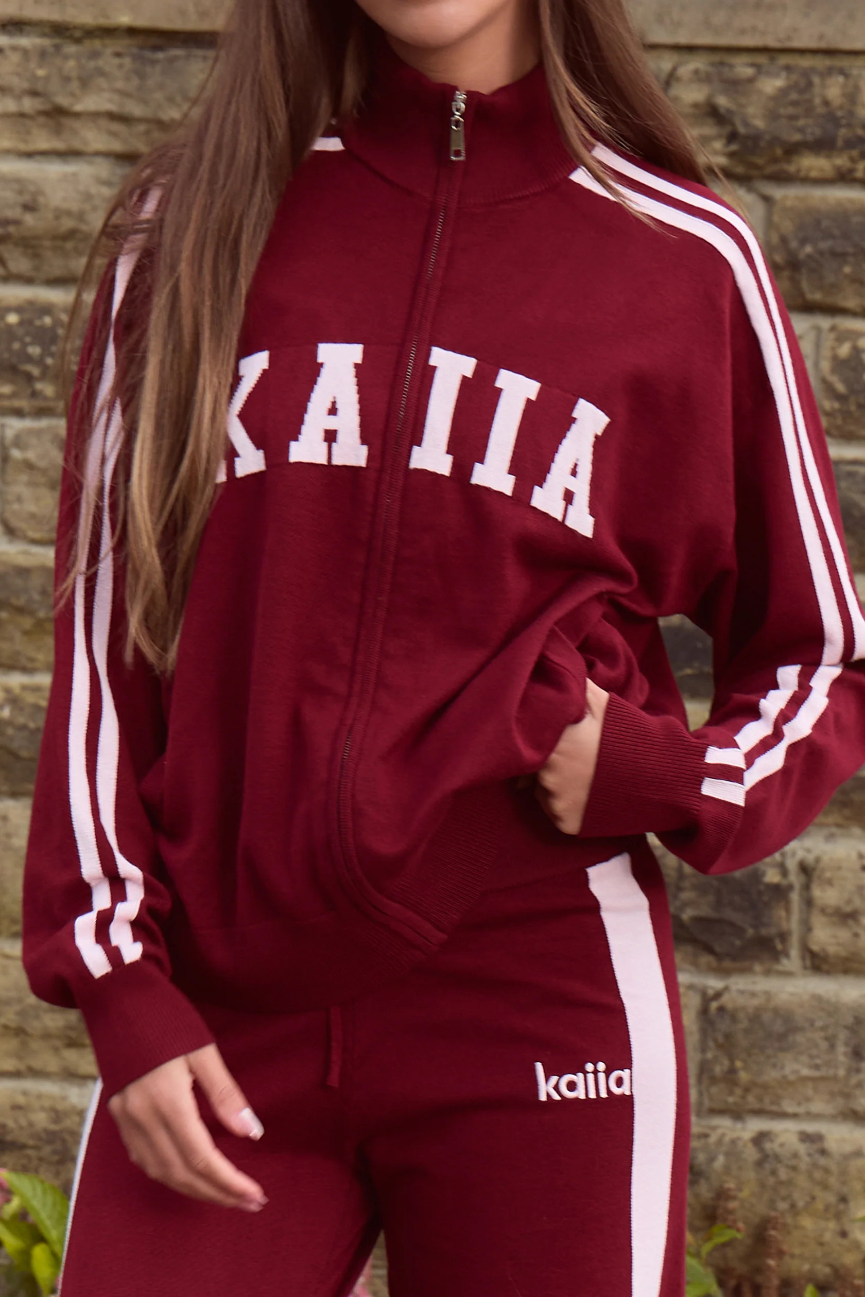 Kaiia Lightweight Knit Sport Stripe Zip Through Sweatshirt Dark Cherry & Pink | Kaiia the Label