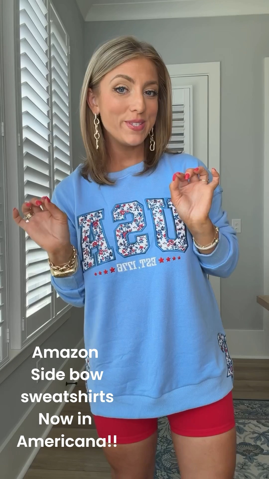Amazon patriotic finds are SO good this year! ❤️🤍💙 This oversized USA sweatshirt is the perfect throw-on-and-go piece for summer nights, fireworks, beach trips, and all your Fourth of July festivities. Paired with bright red biker shorts for a comfy, casual look that still makes a statement. The floral USA lettering and bow detail make this one extra cute!

#AmazonFashion #AmazonFinds #PatrioticStyle #USASweatshirt #FourthOfJulyOutfit #AmericanaStyle #SummerStyle #BikerShortsOutfit #PatrioticFashion #RedWhiteAndBlue #AmazonDeals #CasualStyle #MomStyle #AffordableFashion #OOTD

#LTKootd #LTKmomlife #LTKPetite