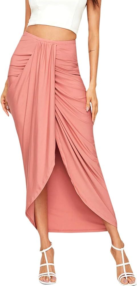 Women's Casual Slit Wrap Asymmetrical Elastic High Waist Maxi Draped Skirt | Amazon (US)
