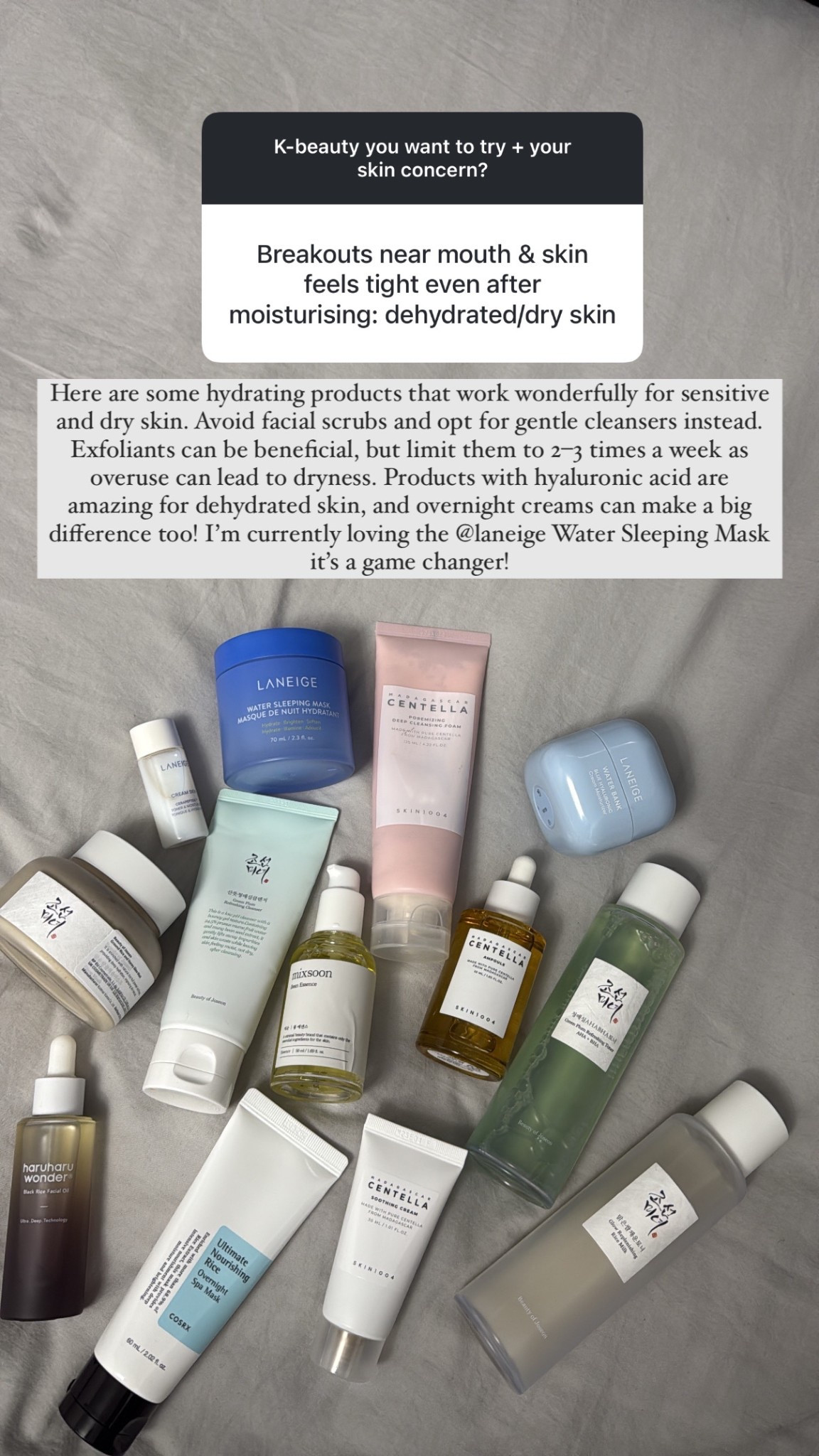 Here are some hydrating products that work wonderfully for sensitive skin. Avoid facial scrubs and opt for gentle cleansers instead. Exfoliants can be beneficial, but limit them to 2–3 times a week as overuse can lead to dryness. Products with hyaluronic acid are amazing for dehydrated skin, and overnight creams can make a big difference too! I’m currently loving the @laneige Water Sleeping Mask — it’s a game changer.#LTKAprilSpotlight

#LTKspring #LTKbeauty