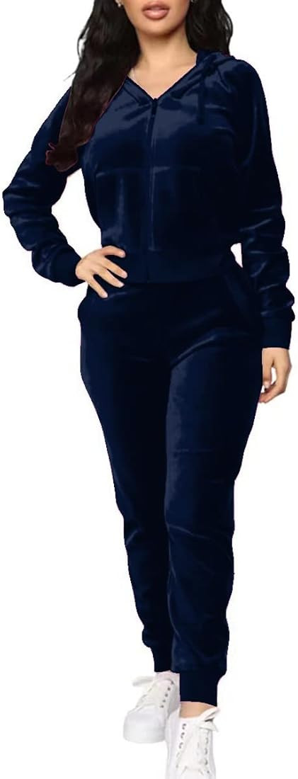 TOPONSKY Velour Tracksuit Women 2 Piece Velvet Zip Hoodie Sweatsuit Pockets | Amazon (US)