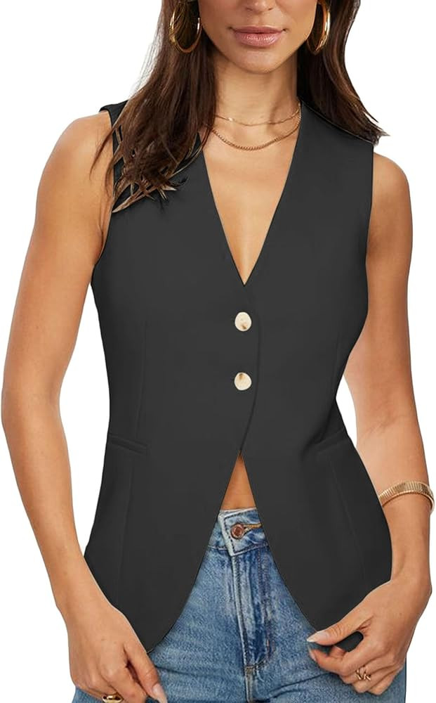 Fallorchid Womens Business Button Sleeveless V Neck Vest Fully Lined Suit Jacket Waistcoat | Amazon (US)