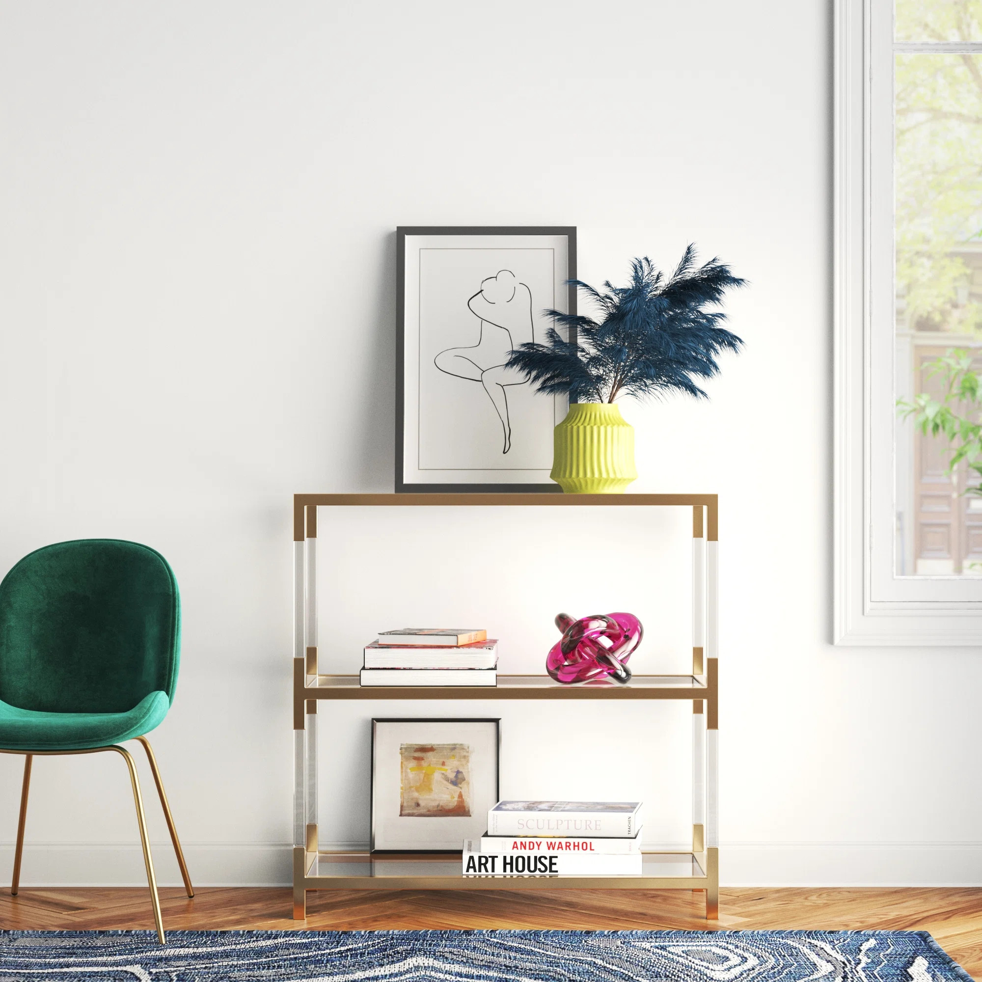 Metal 2 Shelf Gold Console Table with Clear Glass Top and Acrylic Legs | Wayfair North America