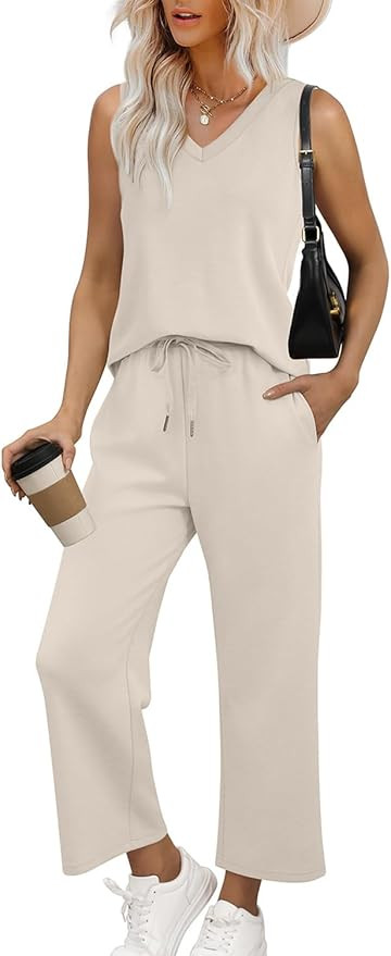 WIHOLL Two Piece Set for Women Summer Outfits Vacation Trendy Lounge Sets V Neck Matching Sets | Amazon (US)