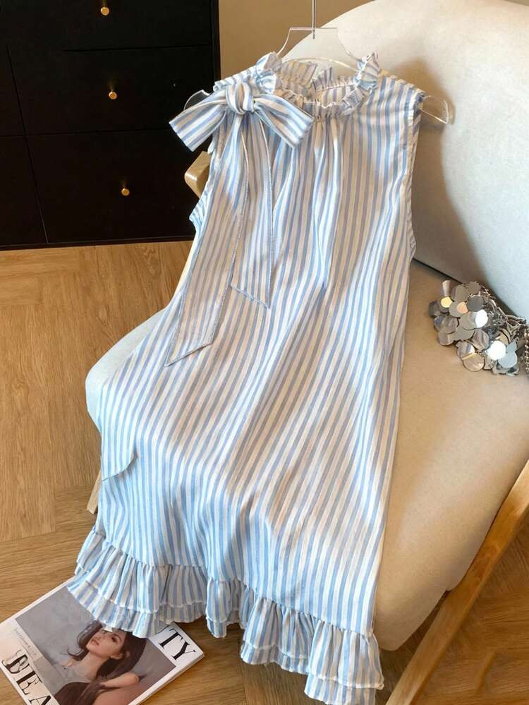 SHEIN Franclia Women's Casual Sweet Bow Tie Sleeveless Blue And White Striped Dress Sleeveless Dress Summer Dress Ruffle Dress Bow Neck Dress Summer Dresses Dress For Women Summer Clothing | SHEIN
